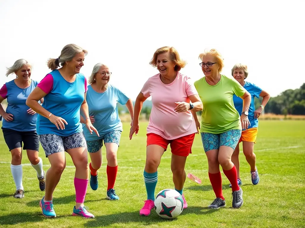 A group of senior players engaging in a friendly football match, emphasizing the inclusive and community-oriented nature of the club.