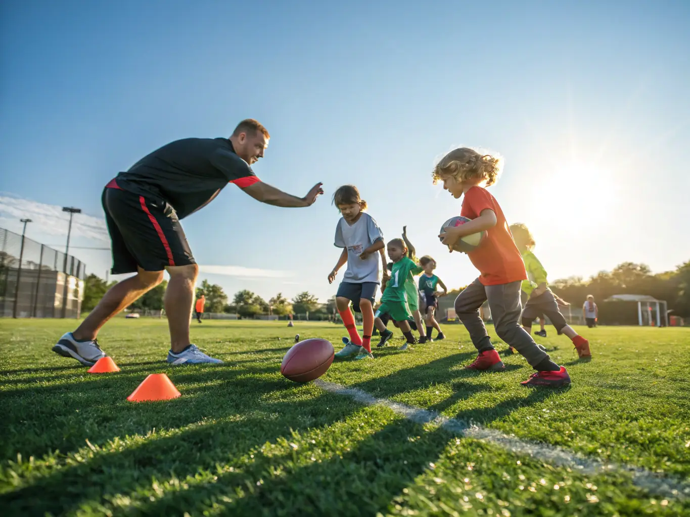 A vibrant image of young children participating in a football training session, showcasing teamwork and fun, set against the backdrop of the club's training grounds.